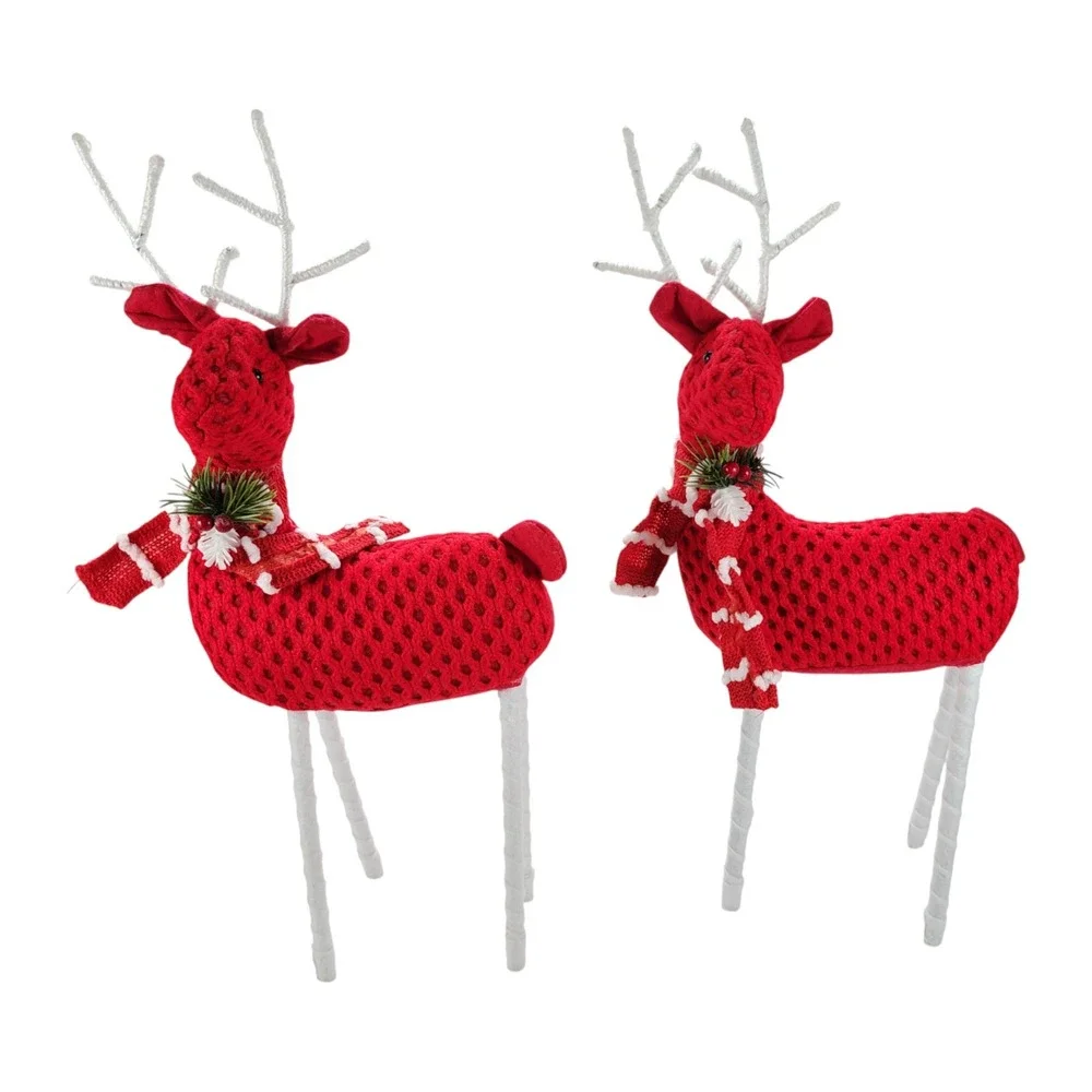 Christmas Holiday Santa's Reindeer, Red Crochet/Scarf, 17 H x 7 L, Set of 2